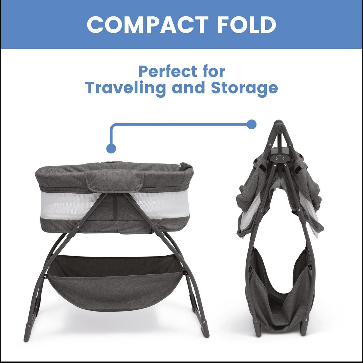 Delta Children TravelMate Compact Fold Bassinet - Features Lights. Sounds and Vibration. Grey Tweed