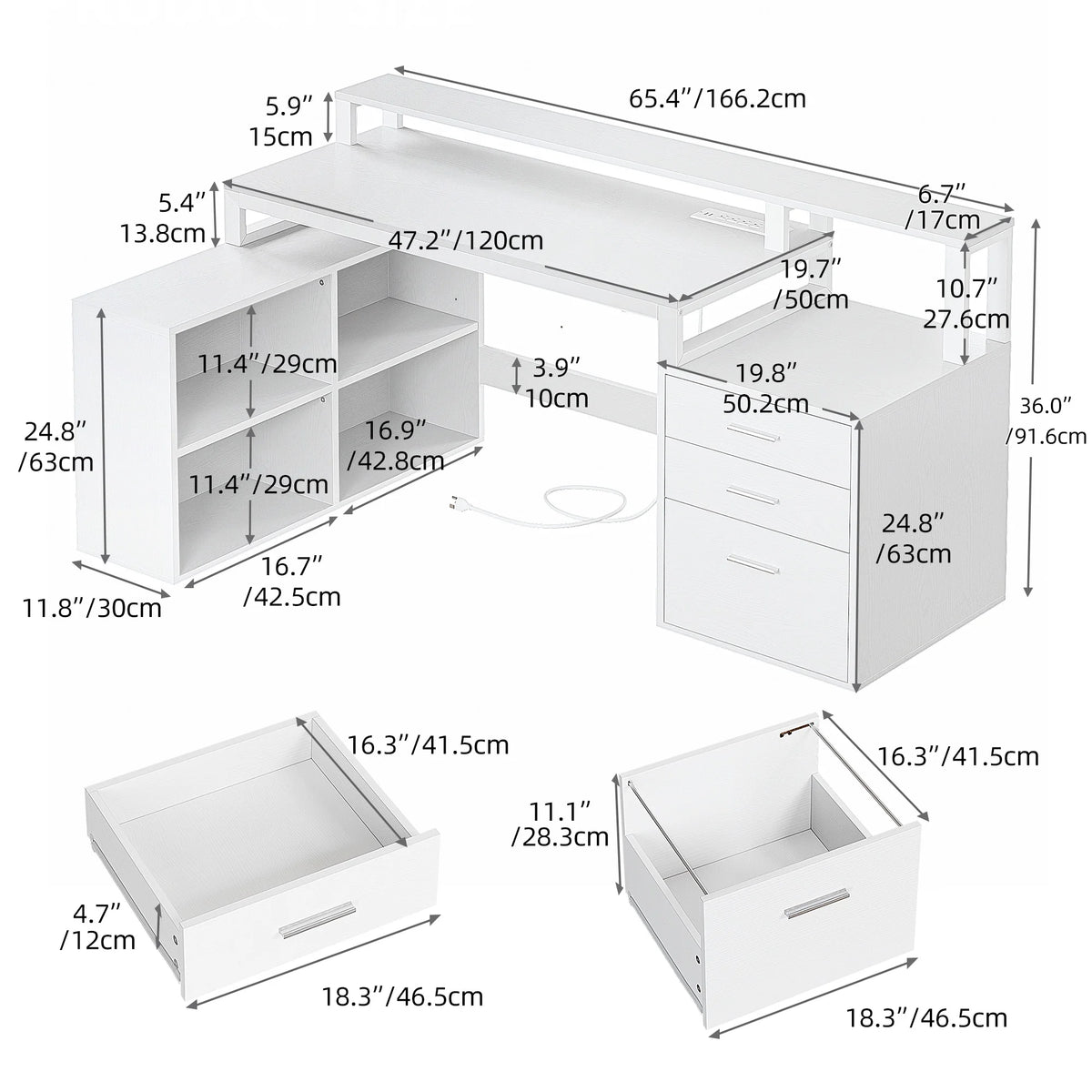 Dextrus 65" L Shaped Desk with Power Outlets and Monitor Stand , Computer Desk with LED Light &File Cabinet, Corner Desk with 3 Drawers & 4 Open Storage Shelves, Modern Home Office Desk, White
