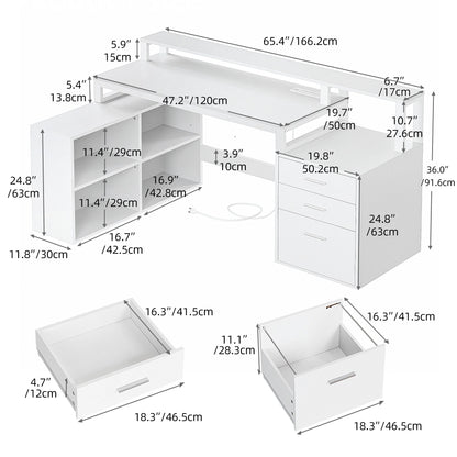 Dextrus 65" L Shaped Desk with Power Outlets and Monitor Stand , Computer Desk with LED Light &File Cabinet, Corner Desk with 3 Drawers & 4 Open Storage Shelves, Modern Home Office Desk, White