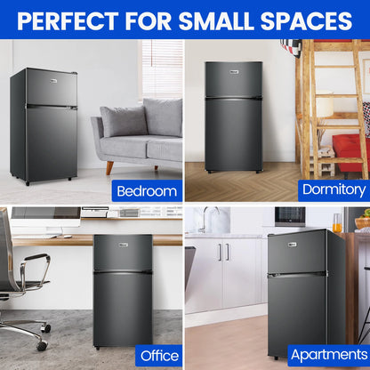 WANAI Two Door Mini Fridge with Freezer, 3.5 Cu ft Small Freezer ,Dark Grey