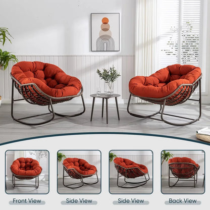 Outdoor Papasan Rocking Chair, Patio Oversized Wicker Egg Rocking Chair, Indoor & Outdoor Comfy Rocker Chair with Thick Cushion, Modern Lounge Chair for Front Porch, Garden, Backyard, Grey
