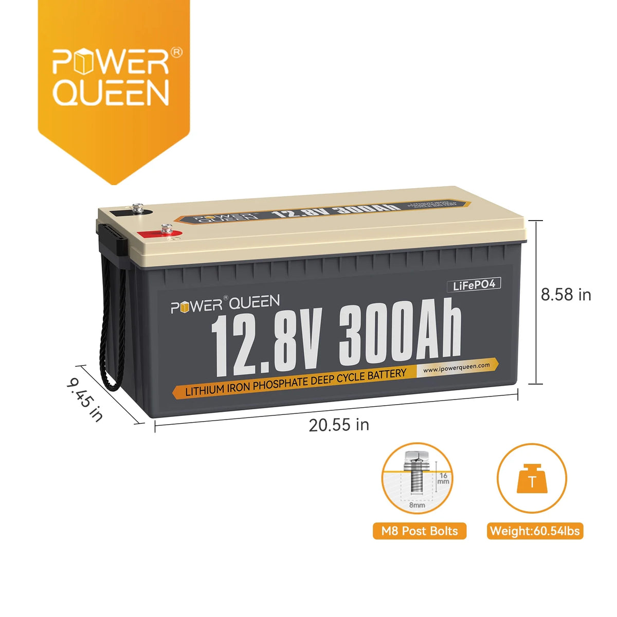 Power Queen 12V 300Ah Deep Cycle LiFePO4 Lithium Battery 3840Wh 200A BMS for Solar RV Marine Off Grid Cabin