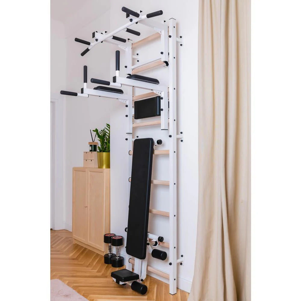 BenchK 733 White Wall bars with convertible steel 6-grip pull-up bar that can also be used as a barbell holder, dip bar with back support and advanced workout bench
