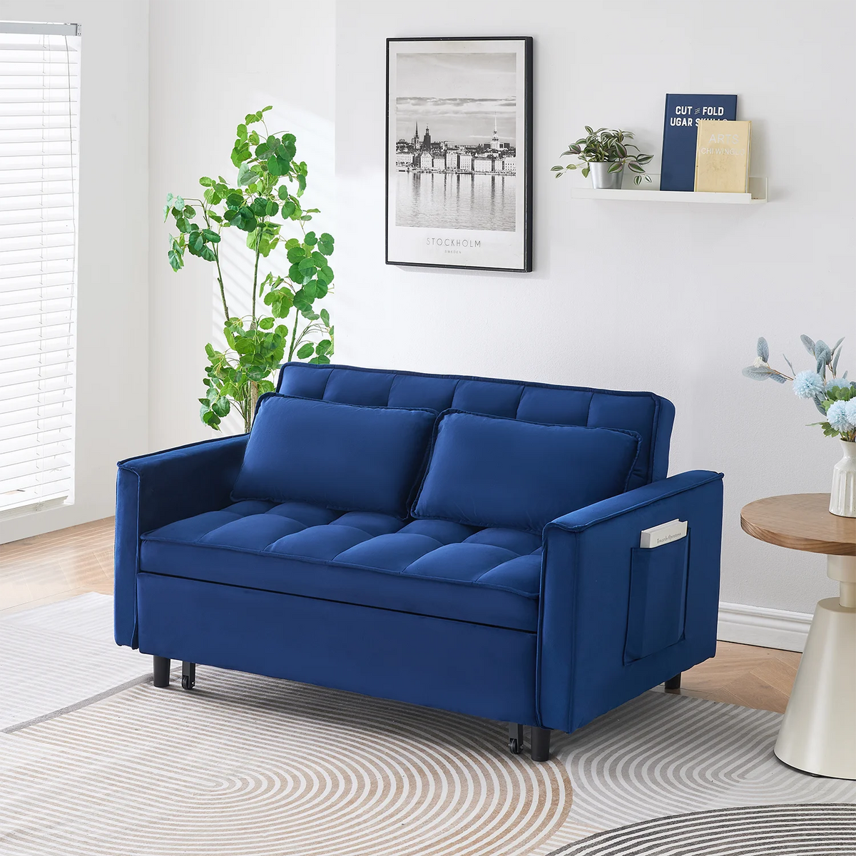 Adjustable Back Velvet Futon Sofa Bed, Modern Convertible Couples Sleeper with Side Pockets, Fold Down Couch for Living Room, Apartment,Blue