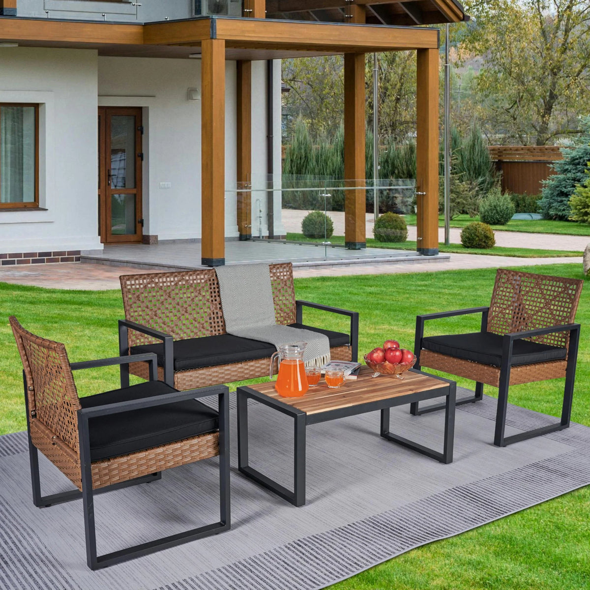 Heavy-duty Patio Furniture Set, 4 Piece Outdoor Sectional Conversation Sets, BrownPE Rattan Patio Sofa Set with Blue Cushions