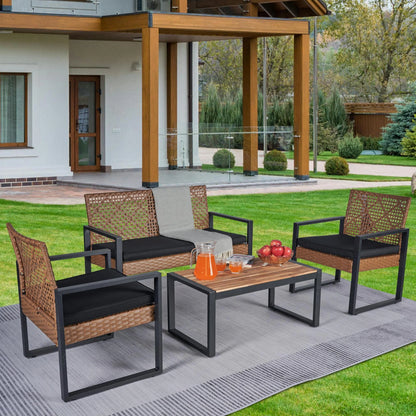 Heavy-duty Patio Furniture Set, 4 Piece Outdoor Sectional Conversation Sets, BrownPE Rattan Patio Sofa Set with Blue Cushions