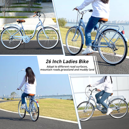26 Inch Women's Bike, Adult Cruiser Bicycle Shimano 7 Speed Steel Frame City Commuter Bike for Ladies, Green