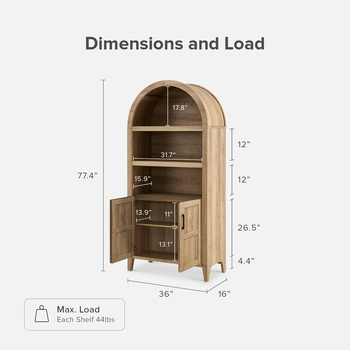 mopio Lauren 65.4" Arched Cabinet, 5-Tier Arched Bookcase with Doors and Shelves, Arched Bookshelf with Storage, Kitchen Pantry Cabinet, Wooden Storage Cabinet for Living Room, Kitchen (Oak)