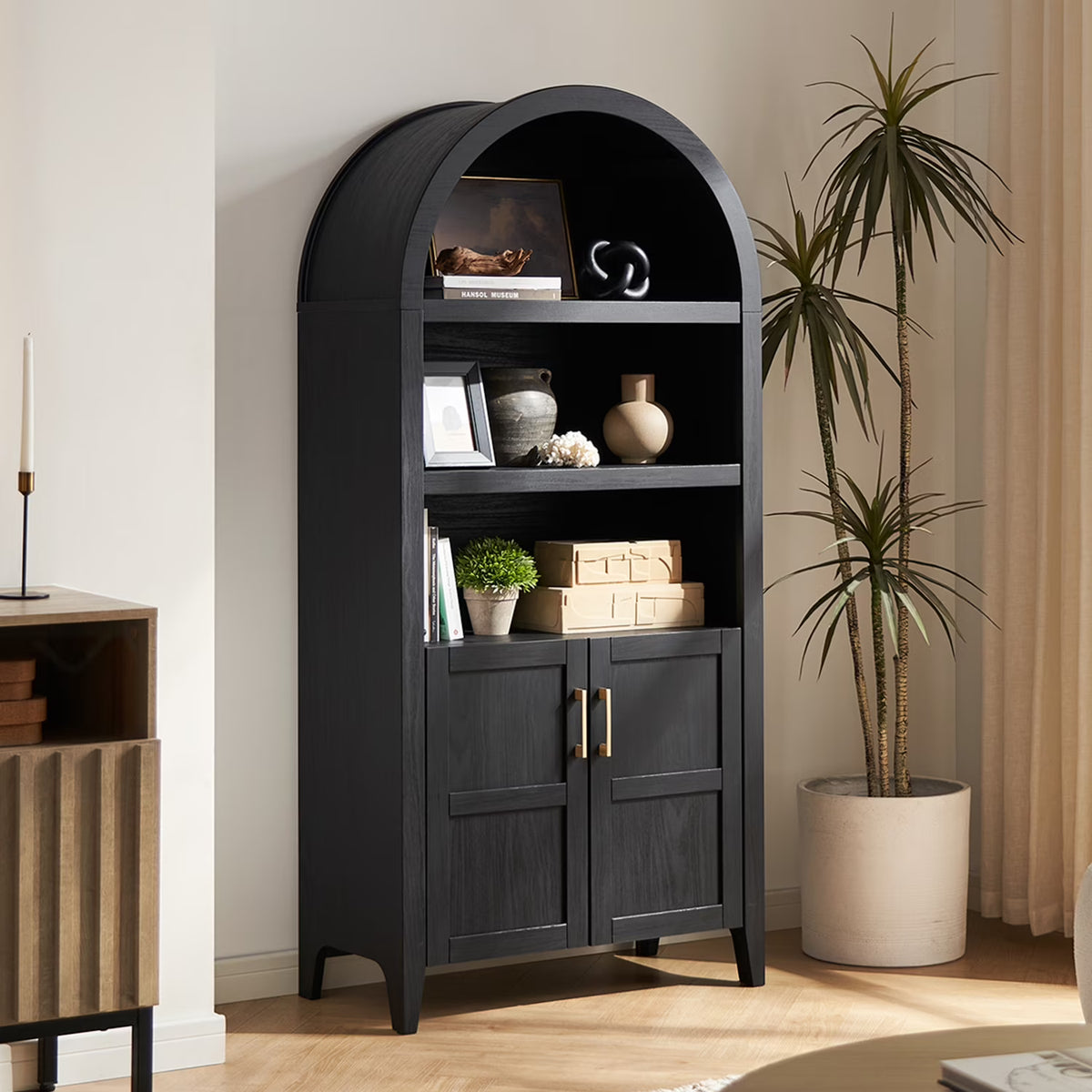 mopio Lauren 65.4" Arched Cabinet, 5-Tier Arched Bookcase with Doors and Shelves, Arched Bookshelf with Storage, Kitchen Pantry Cabinet, Wooden Storage Cabinet for Living Room, Kitchen (Oak)