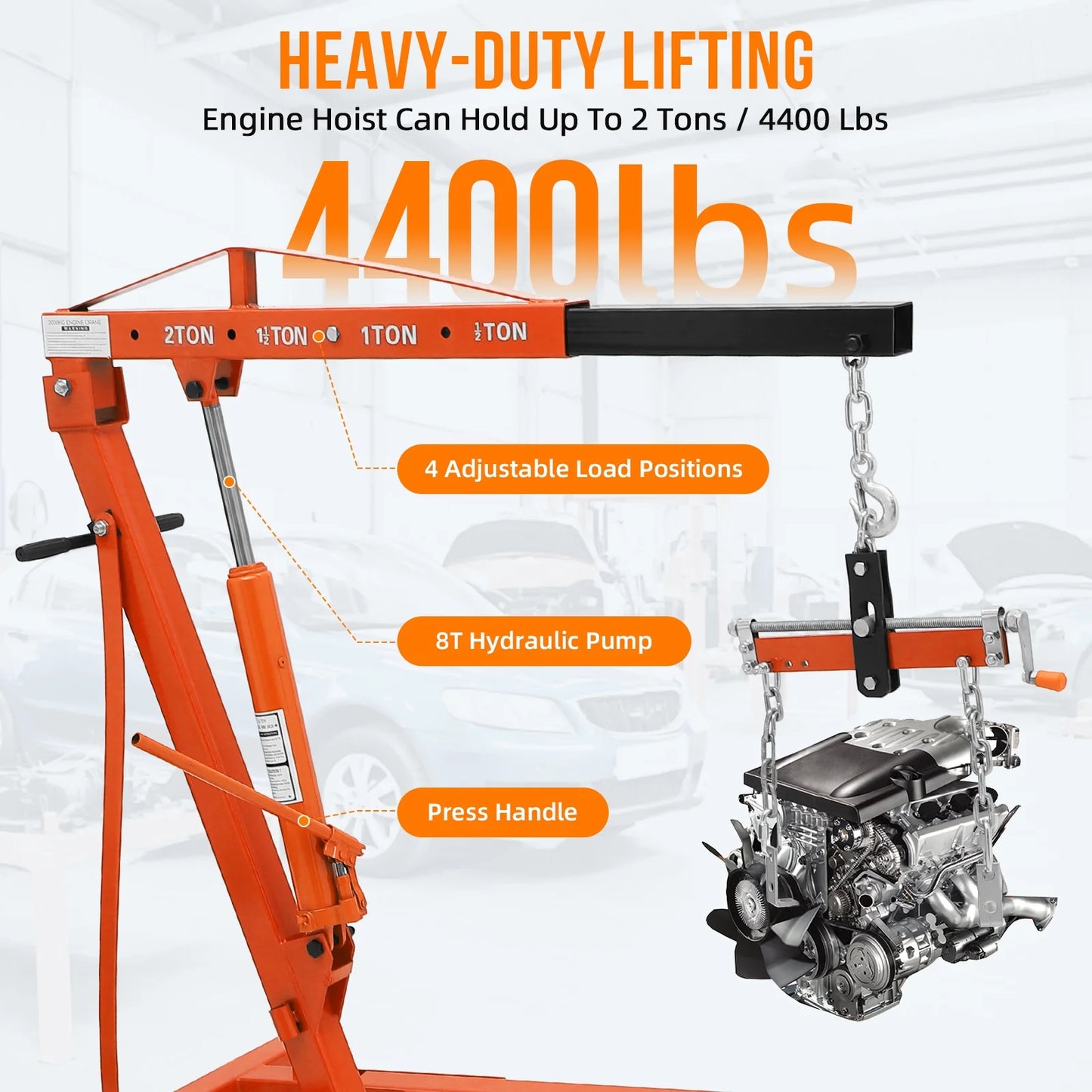 GARVEE 2 Ton Folding Hydraulic Engine Hoist with Lever,Folding Engine Shop Crane Hoist Lift,Heavy Cherry Picker with 6 Wheels for Garage,Workshop,Yellow