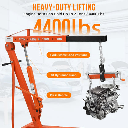 GARVEE 2 Ton Folding Hydraulic Engine Hoist with Lever,Folding Engine Shop Crane Hoist Lift,Heavy Cherry Picker with 6 Wheels for Garage,Workshop,Yellow
