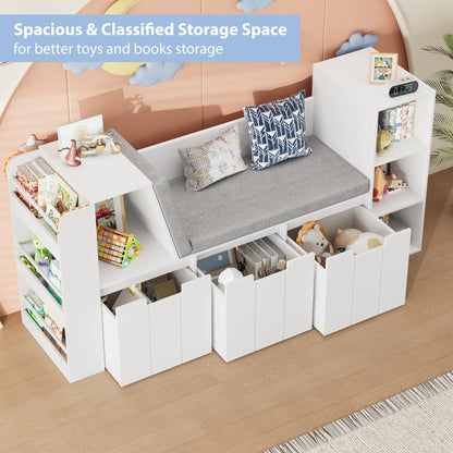 Homfa 4-in-1 Kids Toy Storage Cabinet, Bookshelf with 3 Drawers, Sturdy Toy Organizer with Reading Nook for Kids Room Playroom, Gray