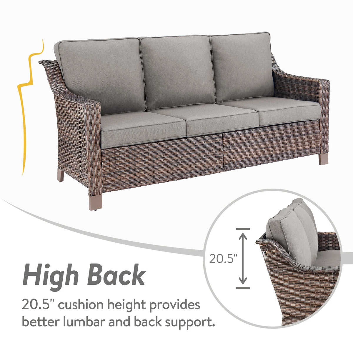 POCASSY Wicker Outdoor Couch, Brown Wicker Sofa Outdoor Furniture with All Weather Rattan and Olefin Cushion for Balcony, Backyard, Porch, Brown/Gray