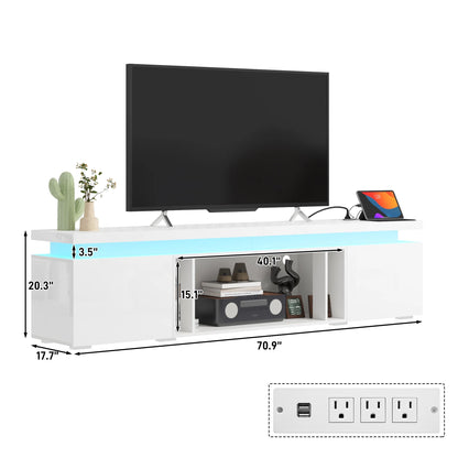 Blotout High Gloss LED TV Stand for up to 80" TVs /40" Electric Fireplace, 71" Large Entertainment Center Console Table with Power Charging Station
