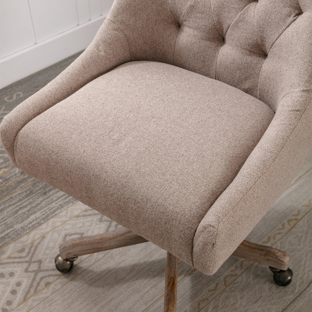 360 Degree Swivel Office Desk Chair, Upholstered Leisure Vanity Chair with Solid Wood Base and Wheels, Adjustable Height Computer Chair for Bedroom Living Room, Brown