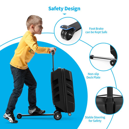 Muhub 2 in 1 Scooter Luggage for Kids and Adult,Foldable Ride on Suitcase with Wheels,Black