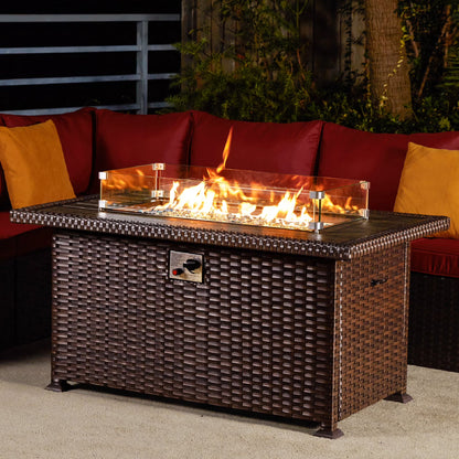 HOMREST Propane Fire Pit Table, 44 Inch 50,000 BTU Auto-Ignition Gas Fire Pit Table Rectangular /w Glass Wind Guard, Wood Plastic Composites Tabletop, CSA Certification Firepit for Outdoor Patio Lawn