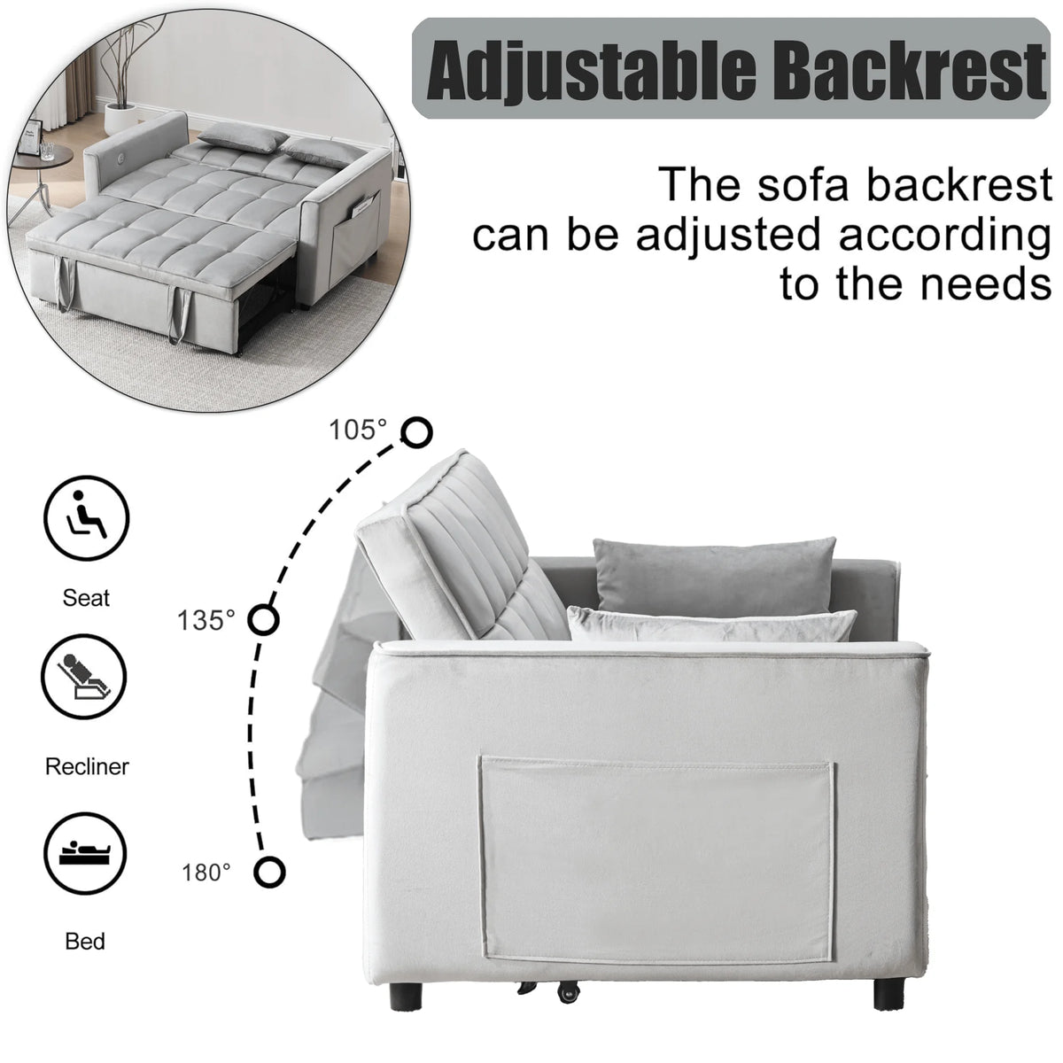 Velvet 3-in-1 Convertible Sofa Bed �C USB Charging, Adjustable Backrest Pull-Out Couch Loveseat Sleeper for Living Room, Apartment & Small Space,Black