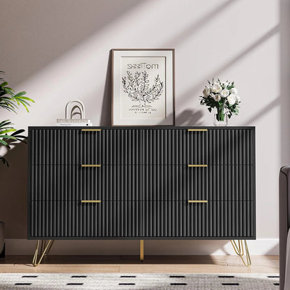 FURNIWAY White 6 Drawer Dresser for Bedroom, Modern Dresser with Gold Metal Handles,Fluted Wood TV Stand for Living Room, Hallway