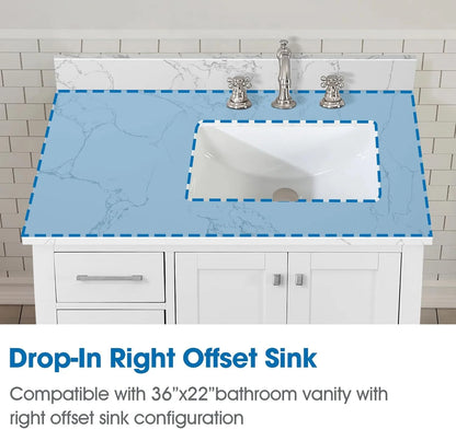 36x22 Engineered Stone Vanity Sink Top, White Bathroom Countertop with Undermount Left Sink, Vanity Top with 8 inch 3 Faucet Hole Spacing and Backsplash