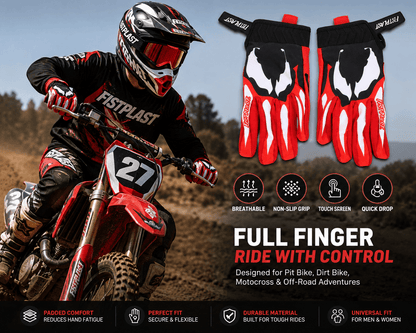 Pit bike rider wearing red FISTPLAST full-finger motocross gloves