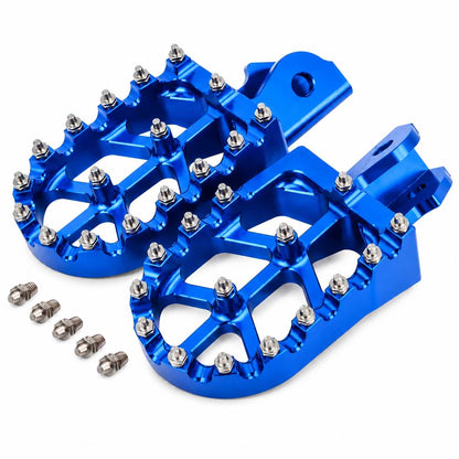 CNC aluminum foot pegs with replaceable steel traction pins for Surron Light Bee, Talaria Sting, CRF150F, and CRF230F motorcycles.