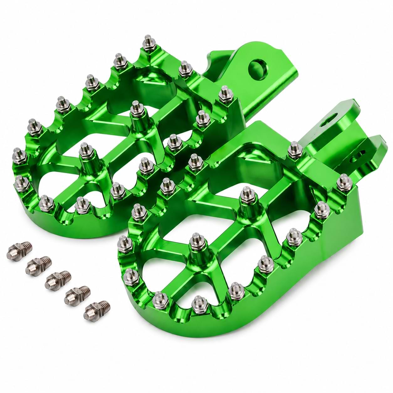 CNC aluminum foot pegs with replaceable steel traction pins for Surron Light Bee, Talaria Sting, CRF150F, and CRF230F motorcycles.