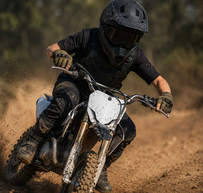 Men's half finger tactical gloves used while riding a pit bike on a dusty off-road motocross trail.