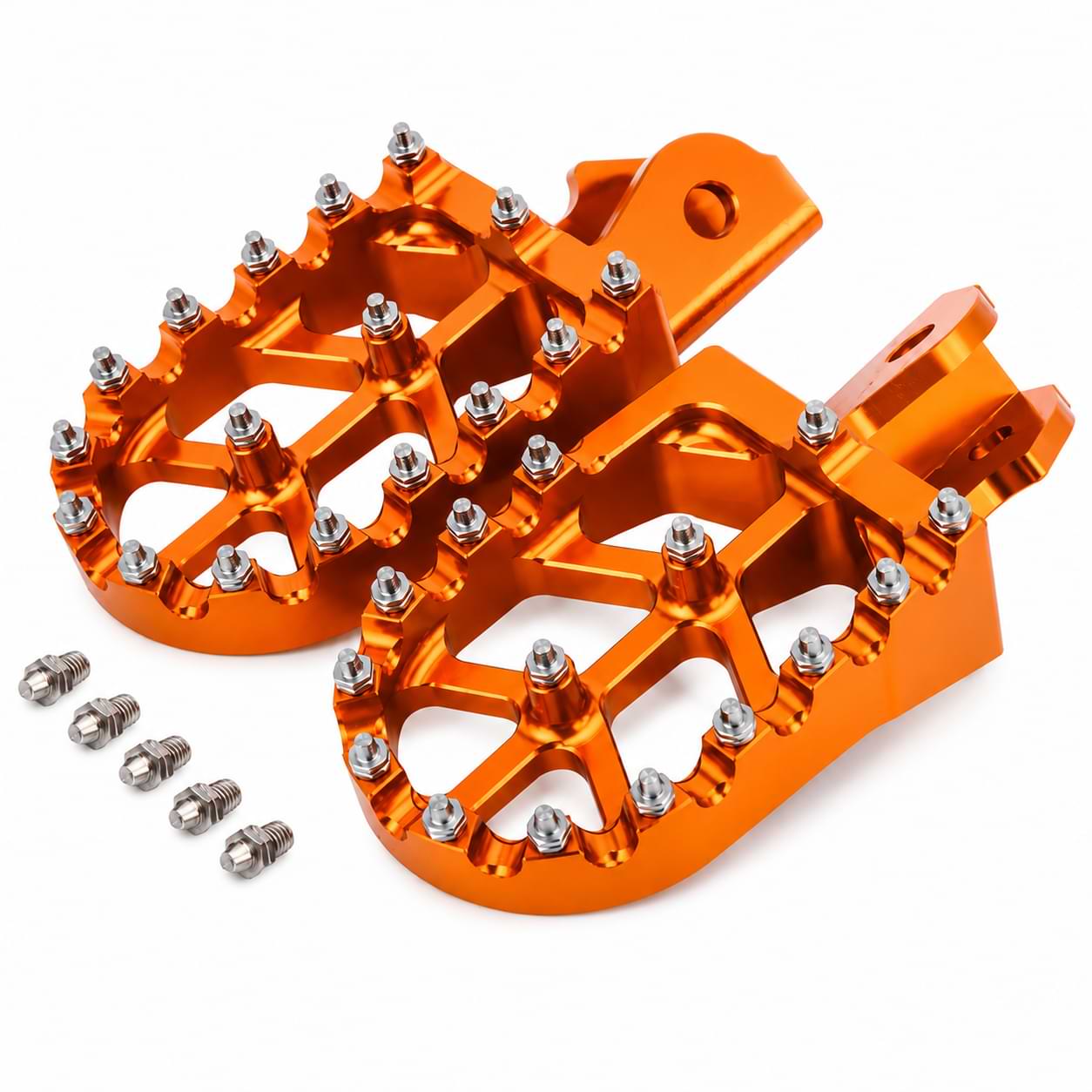 CNC aluminum foot pegs with replaceable steel traction pins for Surron Light Bee, Talaria Sting, CRF150F, and CRF230F motorcycles.