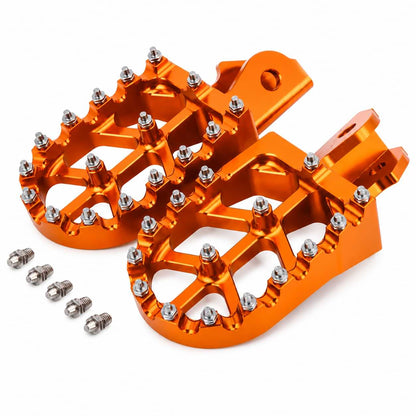 CNC aluminum foot pegs with replaceable steel traction pins for Surron Light Bee, Talaria Sting, CRF150F, and CRF230F motorcycles.