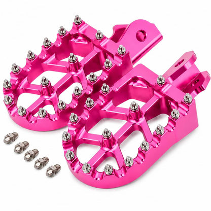 CNC aluminum foot pegs with replaceable steel traction pins for Surron Light Bee, Talaria Sting, CRF150F, and CRF230F motorcycles.