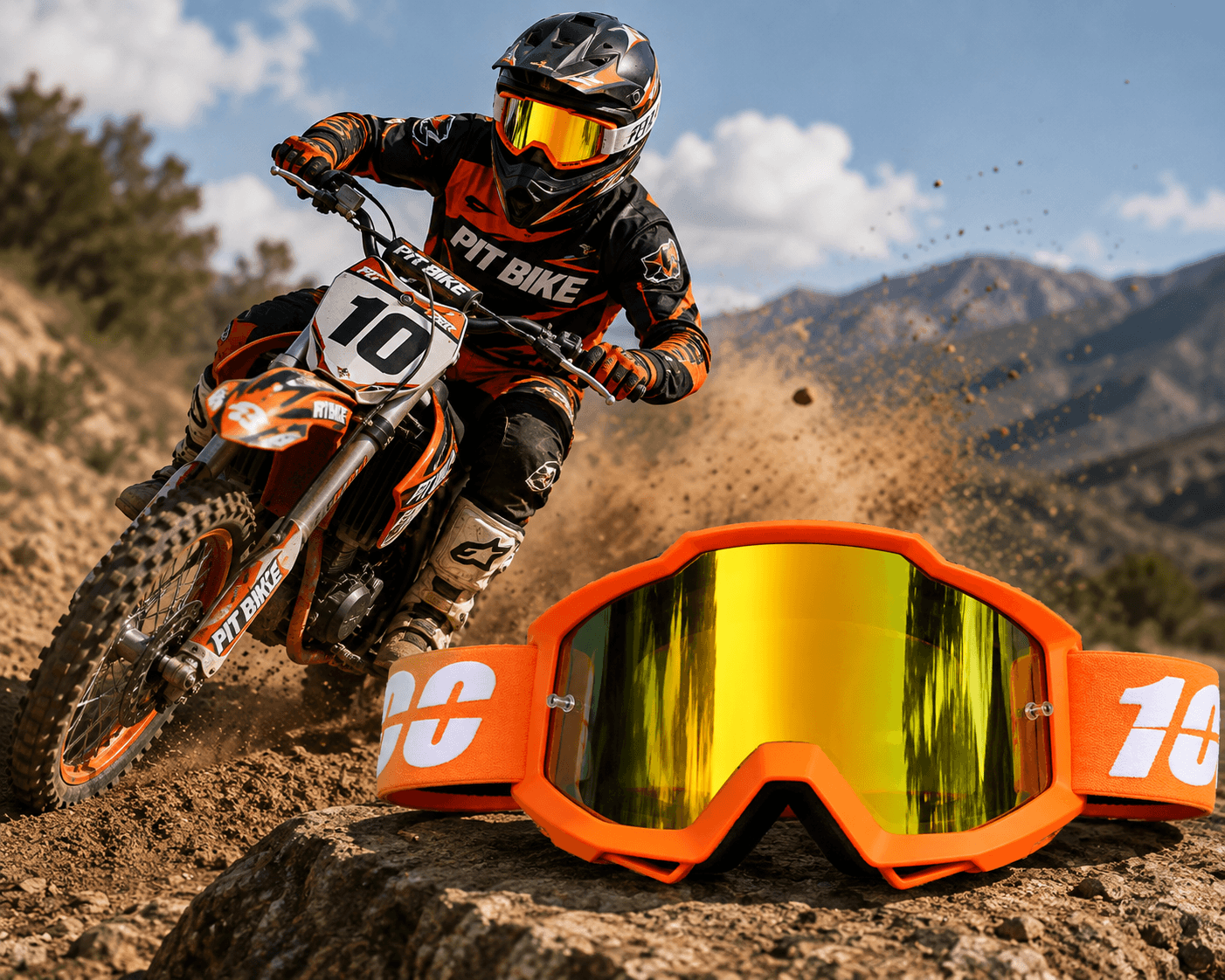 Pit Bike Motocross Rider Wearing Orange Racing Goggles