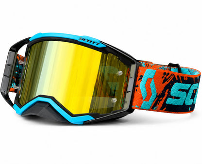 Pit bike rider goggles with gold mirrored lens, black frame, and blue accents