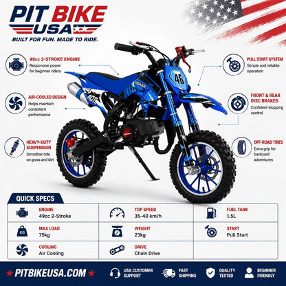 Pit Bike USA 49cc mini dirt bike specifications infographic showing engine, suspension, brakes, tires, fuel tank, and performance features.