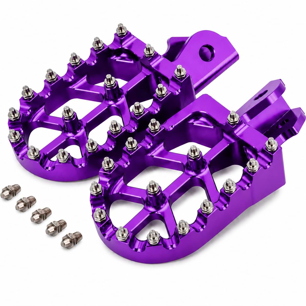 CNC aluminum foot pegs with replaceable steel traction pins for Surron Light Bee, Talaria Sting, CRF150F, and CRF230F motorcycles.