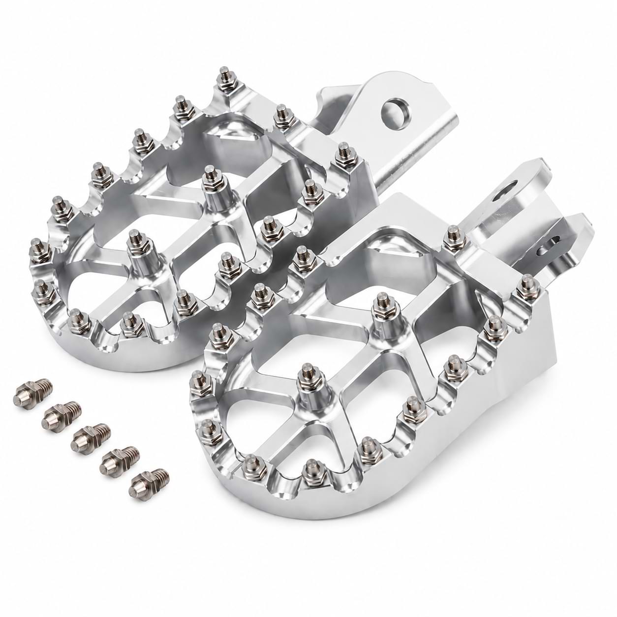 CNC aluminum foot pegs with replaceable steel traction pins for Surron Light Bee, Talaria Sting, CRF150F, and CRF230F motorcycles.