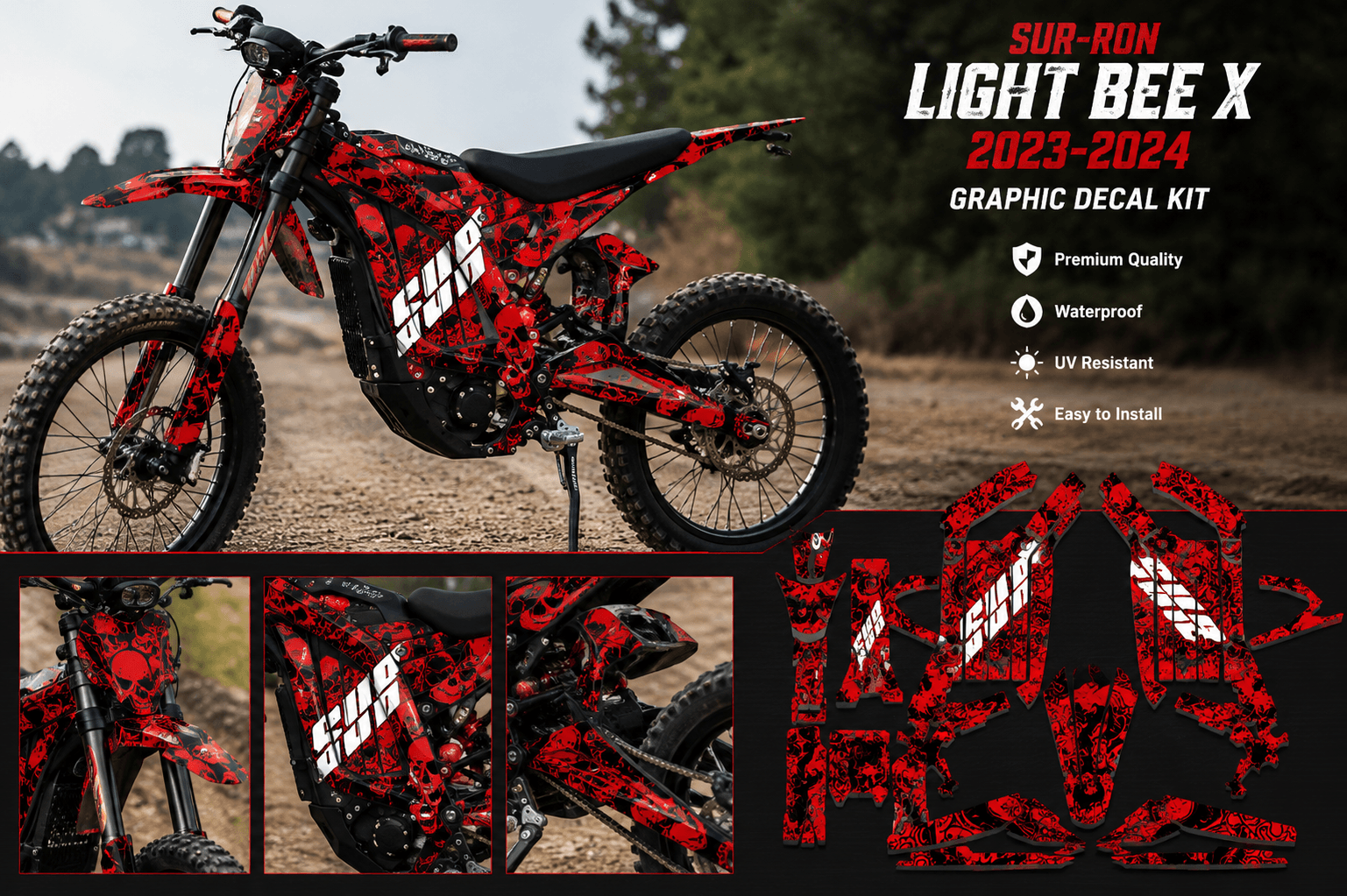 ur-Ron Light Bee X electric dirt bike with red and black skull graphic decals