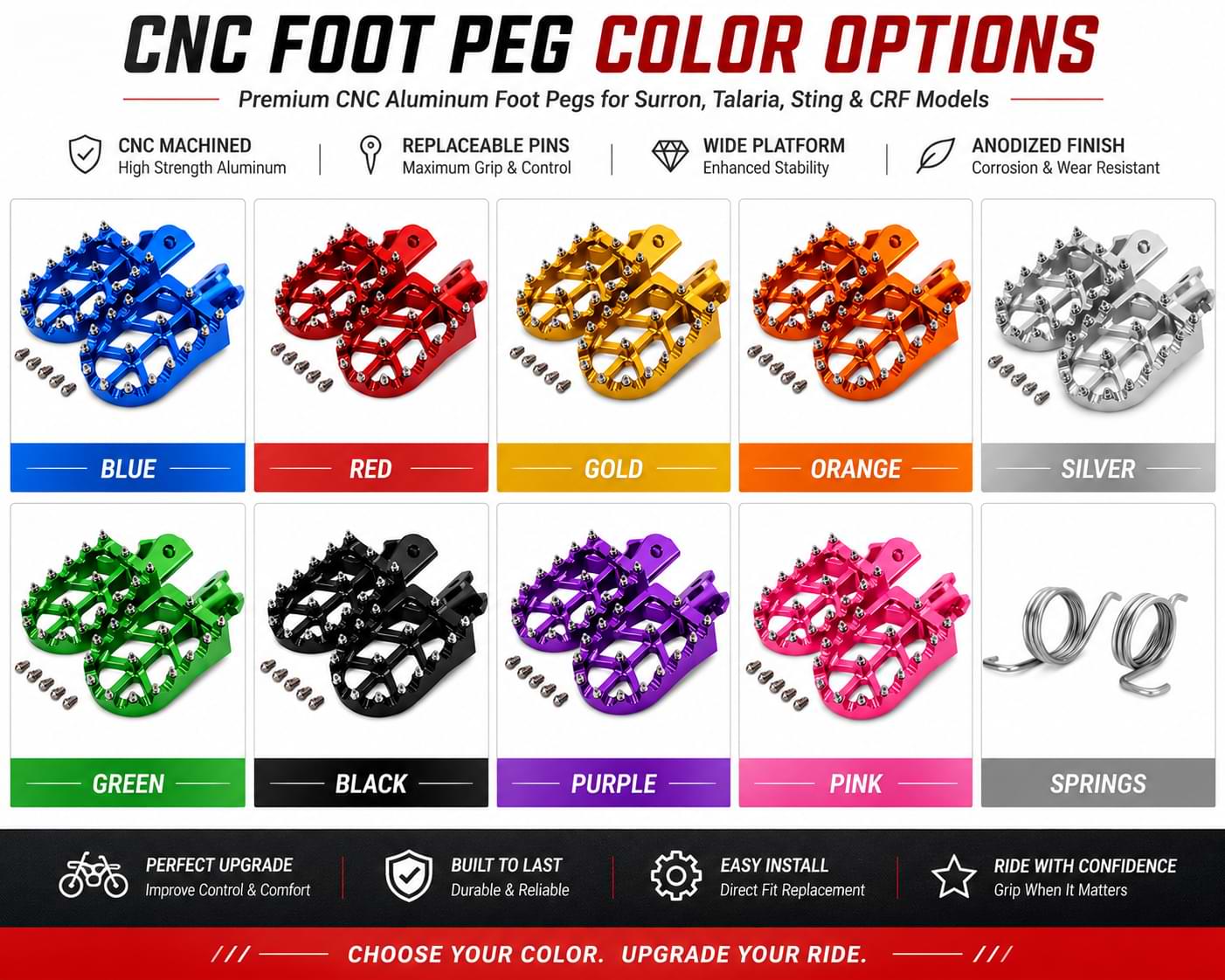 CNC aluminum motorcycle foot pegs available in blue, red, gold, orange, silver, green, black, purple, and pink color options for Surron and Talaria bikes.