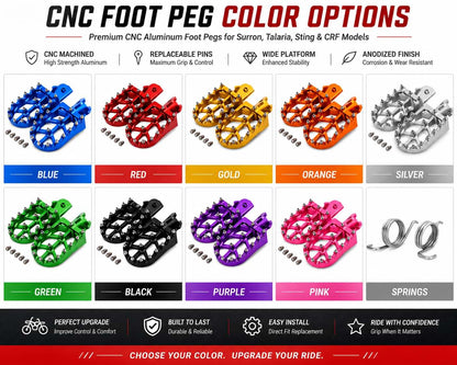 CNC aluminum motorcycle foot pegs available in blue, red, gold, orange, silver, green, black, purple, and pink color options for Surron and Talaria bikes.