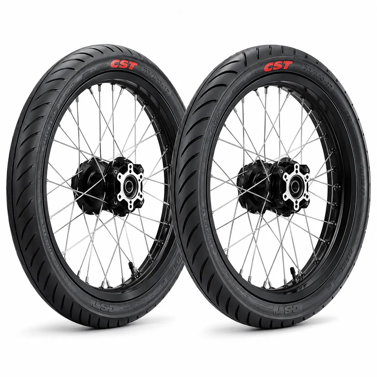 SurRon Light Bee 17 inch black wheel set with CST street tires for pit bike and electric dirt bike upgrade