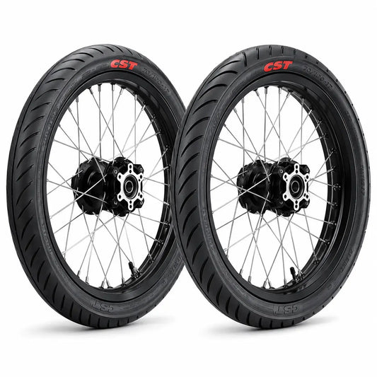 SurRon Light Bee 17 inch black wheel set with CST street tires for pit bike and electric dirt bike upgrade