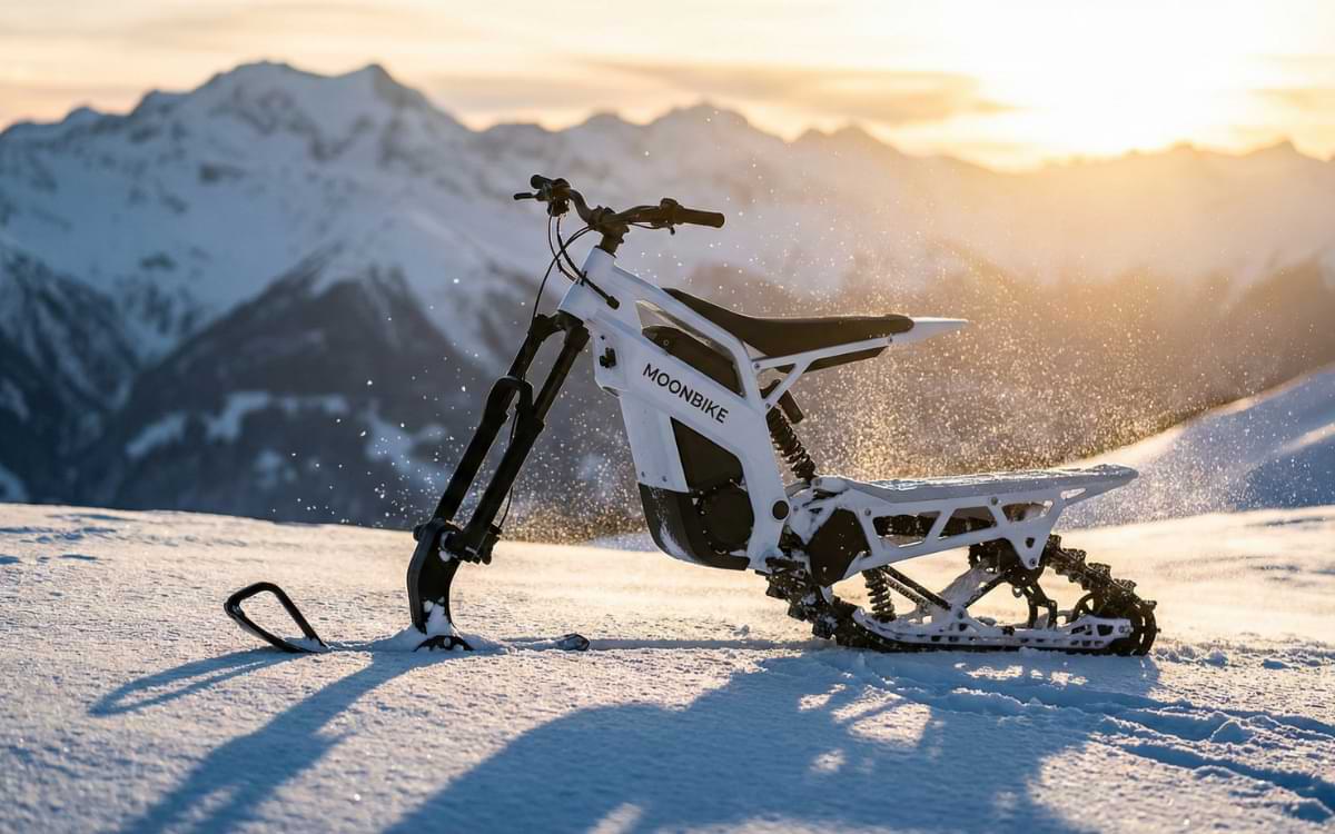 Sleek white Moonbike electric snow bike riding on powder snow with mountain peaks at sunset