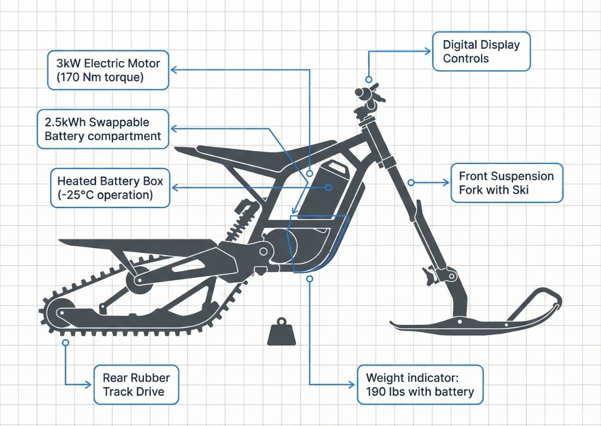 Technical diagram infographic of the Moonbike electric snow bike, showing a blueprint-style profile with callouts for key components and specifications like the 3kW motor, 2.5kWh battery, and rear track drive on a grid background.