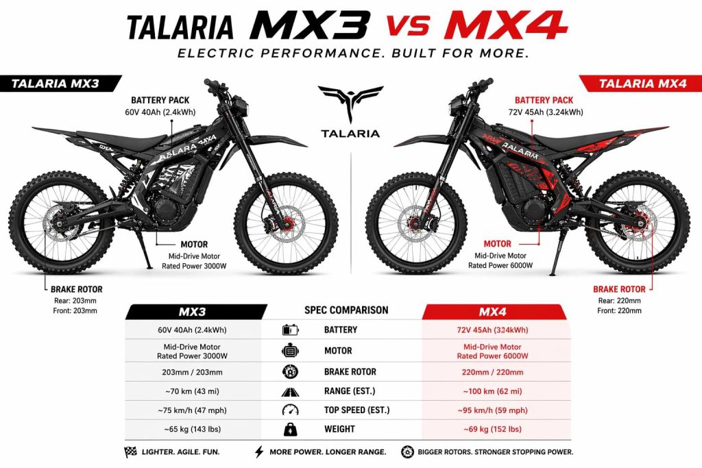 Talaria MX3 vs MX4 electric dirt bike comparison infographic showing battery, motor, brake rotors and performance specs
